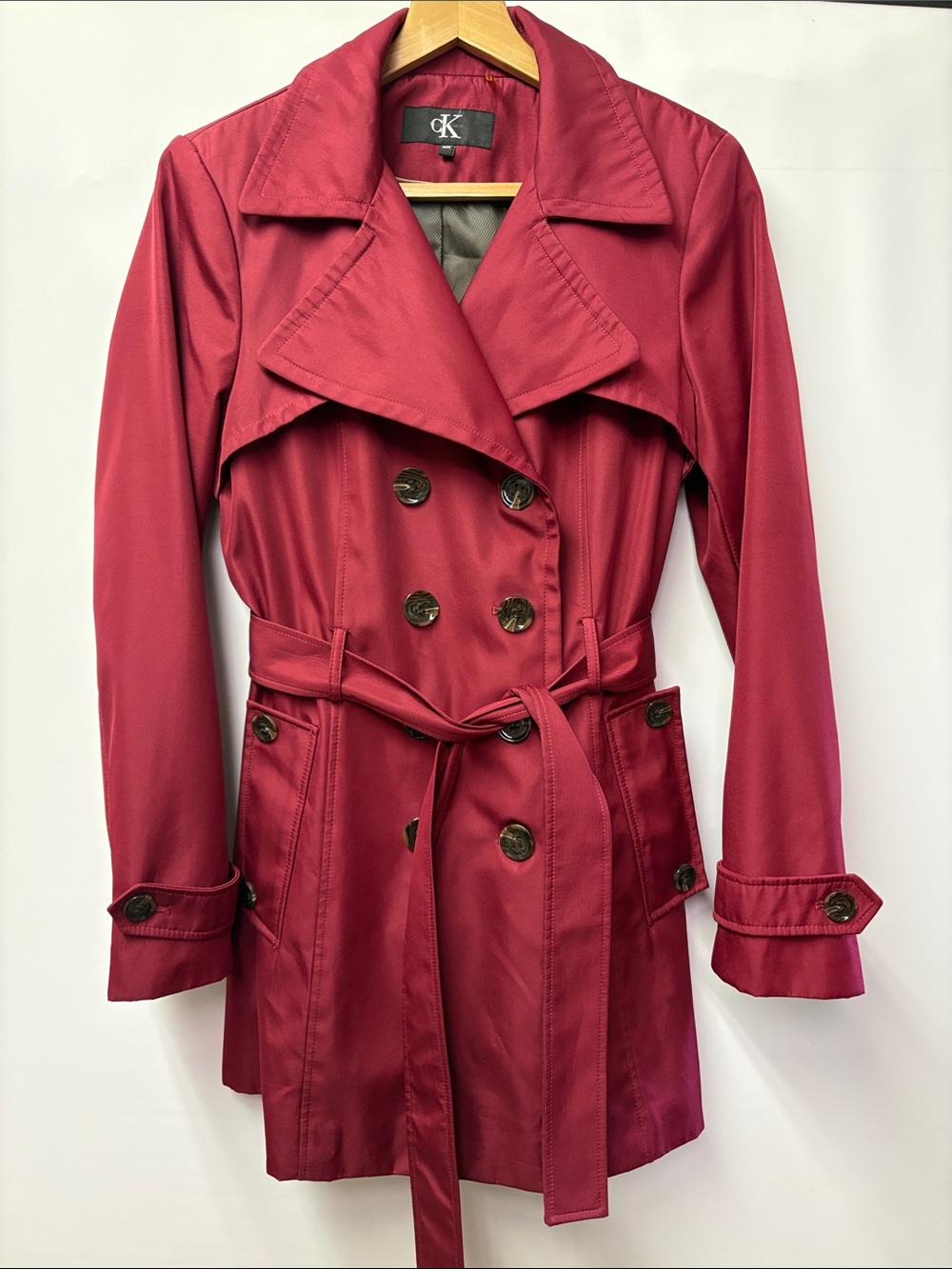 Calvin Klein Women's Red Double-Breasted Trench Coat with Waist Tie